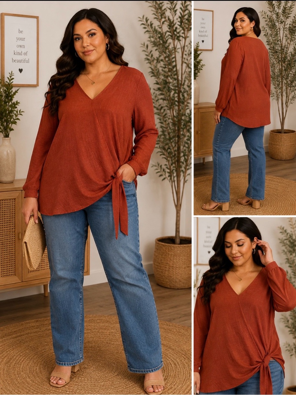 easel Rust Side-Tie V-Neck Oversized Long Sleeve Top